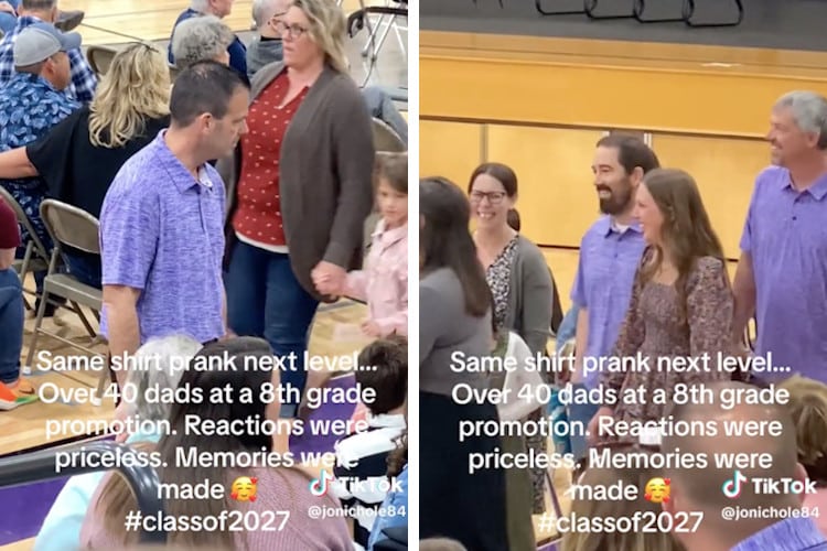 Screenshots of video showing a same shirt prank played on a group of dads at a school promotion